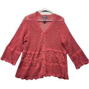 Koret Womens Size XL Crochet Cardigan Ramie Cotton Pink Boho Cottage Beaded